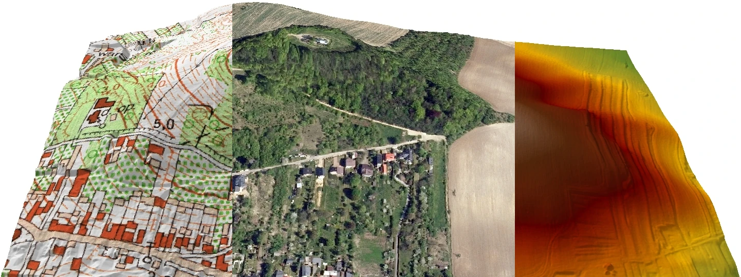 Wizualizacja rzeźby terenu zestawiona z mapą i zdjęciem lotniczym